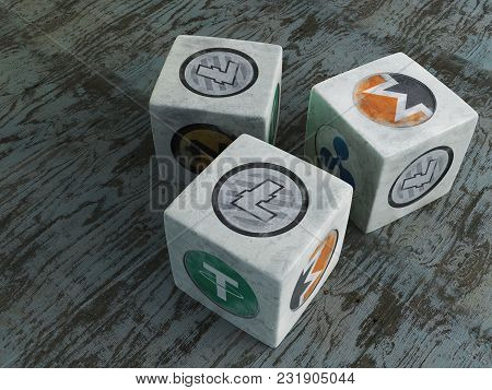 The Game Bone. Crypto Currency. A Game Of Vintage Bones With Symbols Of Crypto Currency. 3d Renderin