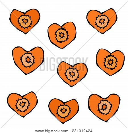 Carrot Figure Knife Cuts. Heart Shaped Slices Of Carrots. Carved Cooking Ingredient, Vegetable Salad