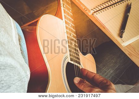 Man Compose Song And Play Guitar ,musical Concept