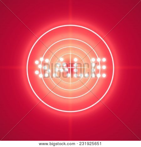 Sale Glowing Neon Sign With Target On The Red Background.