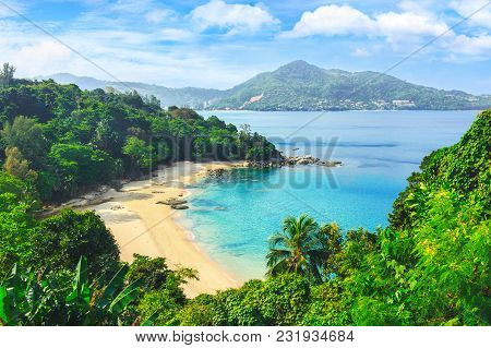 Picturesque View Of Andaman Sea In Phuket Island, Thailand. View Through The Jungle On The Beautiful