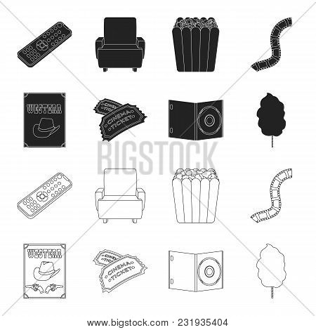 Western Cinema, Tickets, Sweet Cotton Wool, Film On Dvd.filmy And Cinema Set Collection Icons In Bla