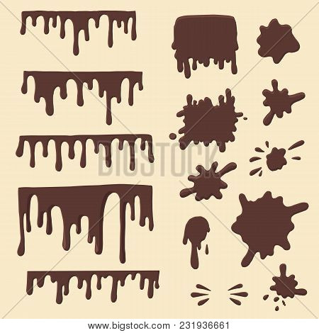 Vector Set Of Chocolate Drops And Blots. Drops Isolated On White Background.