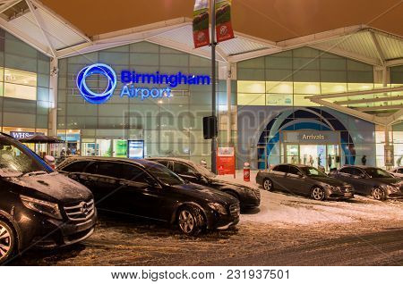 Birmingham, United Kingdom - March 02 2018 : View Of Birmingham Airport At Night In Birmingham, Unit
