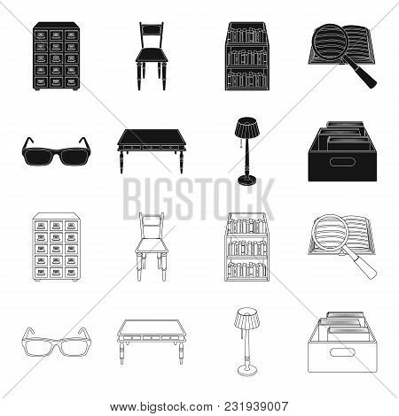 Glasses, A Wooden Table, A Floor Lamp, A Box With Books. A Library And A Bookstore Set Collection Ic