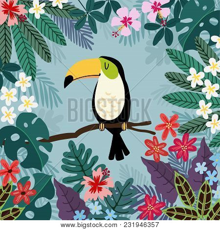 Summer Tropical Background. Toucan Bird With Palm And Monstera Leaves, Hibiscus And Plumeria Flowers