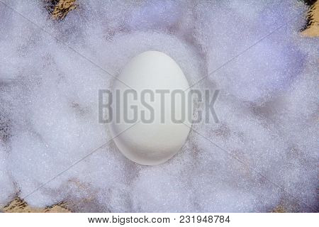 White Easter Egg On White Cotton On A Sunny Day