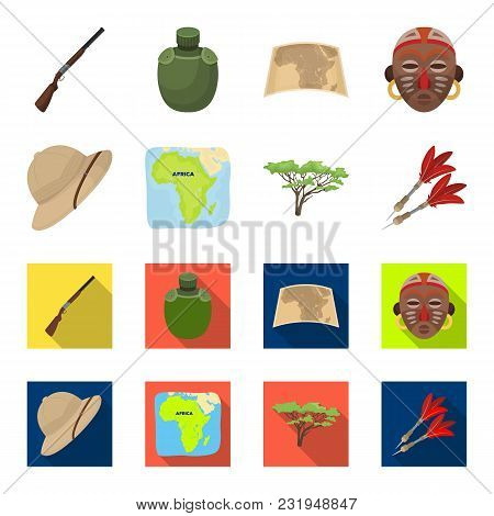Cork Hat, Darts, Savannah Tree, Territory Map. African Safari Set Collection Icons In Cartoon, Flat 