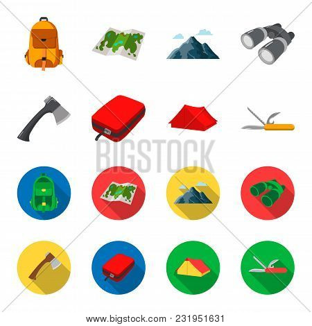 Ax, First-aid Kit, Tourist Tent, Folding Knife. Camping Set Collection Icons In Cartoon, Flat Style 