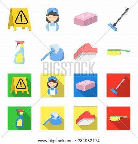 Cleaning And Maid Cartoon, Flat Icons In Set Collection For Design. Equipment For Cleaning Vector Sy