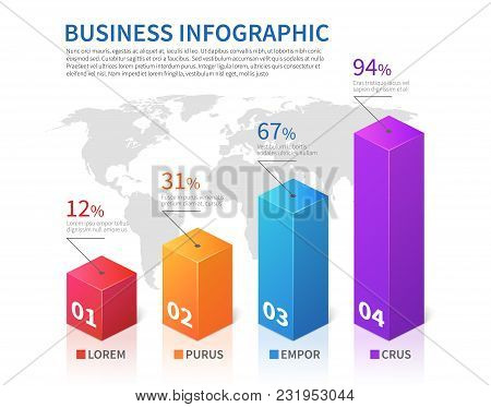Abstract Infographic 3d Bar Finance With World Map Vector Chart. Finance Chart And Business Infograp