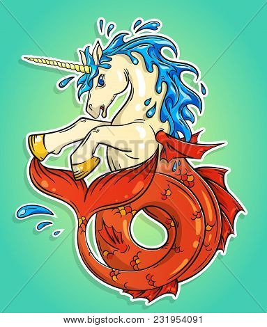 Ocean Unicorn With A Fishtail. Magic Cartoon Fantasy Animal Concept. Vector Illustration