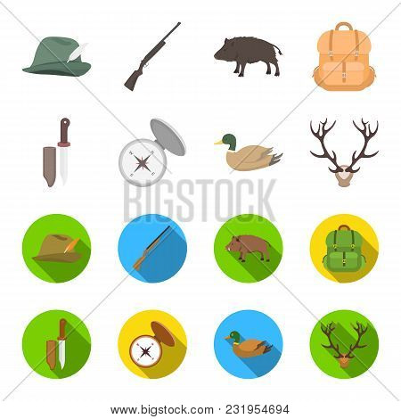 Knife With A Cover, A Duck, A Deer Horn, A Compass With A Lid.hunting Set Collection Icons In Cartoo