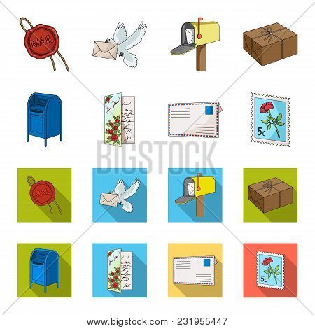 Mailbox, Congratulatory Card, Postage Stamp, Envelope.mail And Postman Set Collection Icons In Carto
