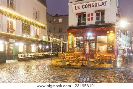 Paris , France- March 17, 2018: View Of Typical Paris Cafe In Paris. Montmartre Area Is Among Most P