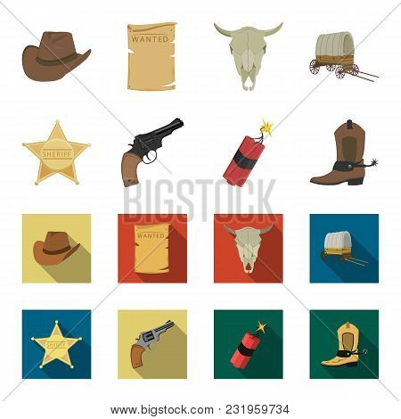 Star Sheriff, Colt, Dynamite, Cowboy Boot. Wild West Set Collection Icons In Cartoon, Flat Style Vec