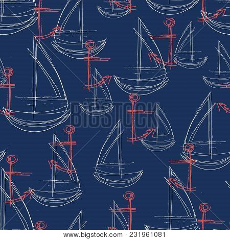 Seamless Vector Abstract Pattern With Sketched Red Anchors And White Sailboat With A Navy Background