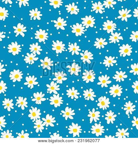 Retro Daisy Seamless Vector Pattern. Blue And White Floral Background.