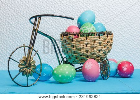Beautiful Easter Eggs In A Nest On A Decorative Bicycle