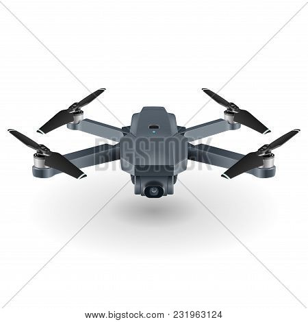Drone Or Quadrocopter With Camera. Gray Color, White Background. 3d Illustration. Rasterized Copy.