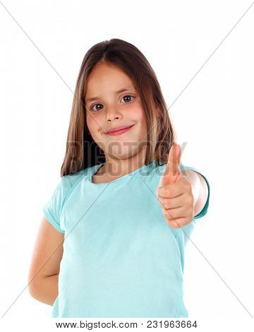 Friendly child saying Ok with her thumbs isolated on a white background