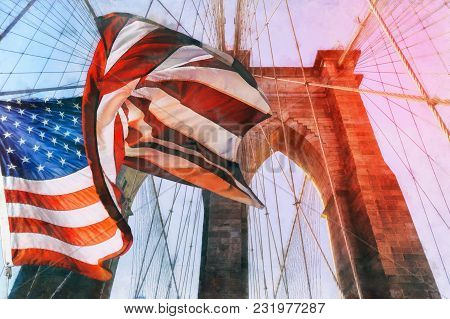 United States Flag At Top Of Brooklyn Bridge. There Is A Deep Blue Sky On Background, On Foreground 