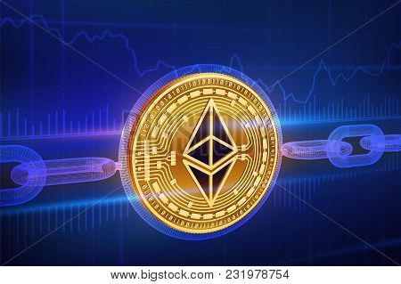 Crypto Currency. Block Chain. Ethereum. 3d Isometric Physical Golden Ethereum Coin With Wireframe Ch