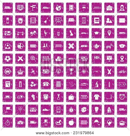 100 Bus Icons Set In Grunge Style Pink Color Isolated On White Background Vector Illustration