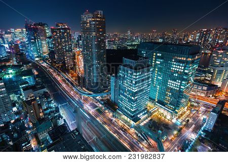 Aerial View Of The Cityscape Of Minato, Tokyo, Japan At Night