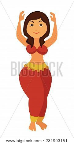 Belly Dancer In Traditional Indian Clothes Made Of Red Chiffon. Gracious Woman In Short Top And Pant