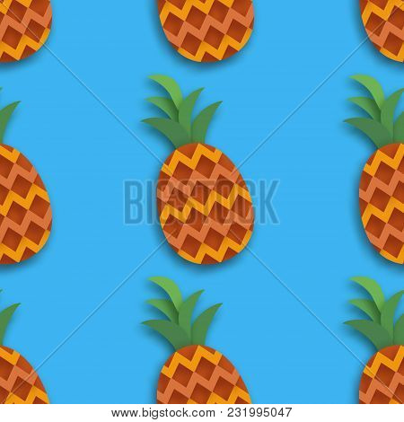Pineappple Seamless Pattern. Ananas In Paper Cut Style. Origami Healthy Food On Blue. Summertime. Ve