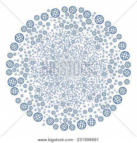 Globe Spiral Globula. Element Whirlpool Combined From Scatter Globe Items. Vector Illustration Style