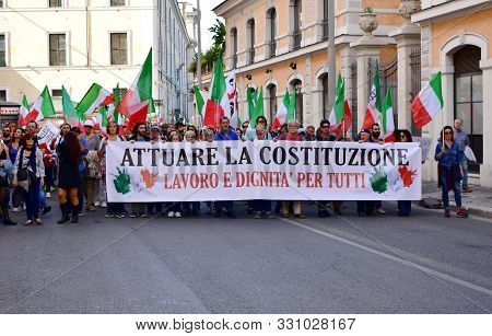 Rome, Italy. October 12, 2019. Demonstrators Against The Euro And The European Union Asking For Ital