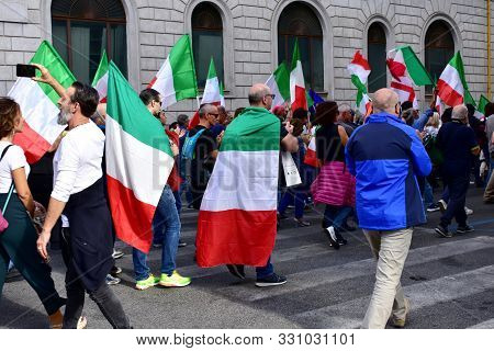 Rome, Italy. October 12, 2019. Demonstrators Against The Euro And The European Union Asking For Ital
