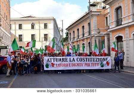 Rome, Italy. October 12, 2019. Demonstrators Against The Euro And The European Union Asking For Ital