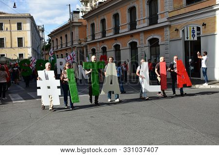 Rome, Italy. October 12, 2019. Demonstrators Against The Euro And The European Union Asking For Ital