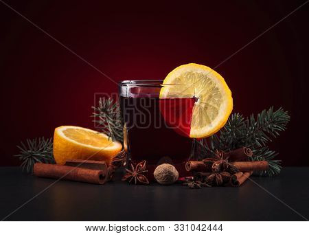 Mulled Wine With Lemom And Spices. Copy Space.