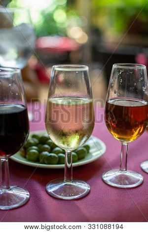 Sherry Wine Tasting, Selection Of Different Jerez Fortified Wines From Dry To Very Sweet, Jerez De L