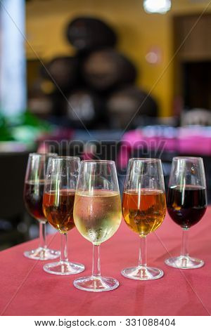Sherry Wine Tasting, Selection Of Different Jerez Fortified Wines From Dry To Very Sweet, Jerez De L