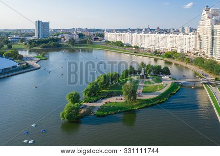 Aerial View, Cityscape Of Minsk, Belarus. Summer Season, Sunset Time. Panorama Of Nemiga District