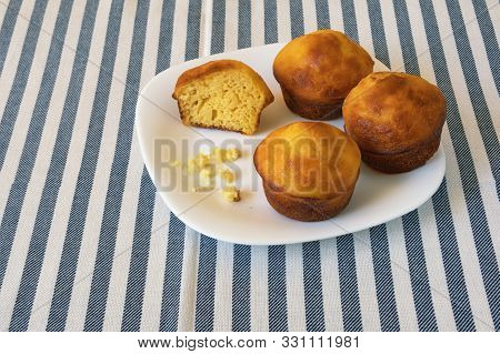 Balkan Cuisine. Proja -  Dish Made Of Corn Flour.  Cornbread, Prepared As A Muffin , On White Plate