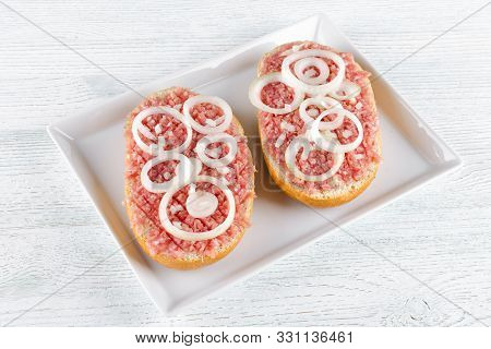 German Sandwich Mett Ground Pork, Bun And Raw Meat With Onion