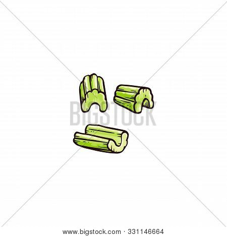 Hand Drawn Pieces Of Celery Cut Up In Small Portions - Raw Green Plant Sticks
