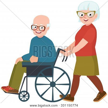 Elderly Couple Husband And Wife. Cheerful Old Man In A Wheelchair Vector Illuastration
