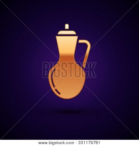 Gold Bottle Of Olive Oil Icon Isolated On Dark Blue Background. Jug With Olive Oil Icon. Vector Illu