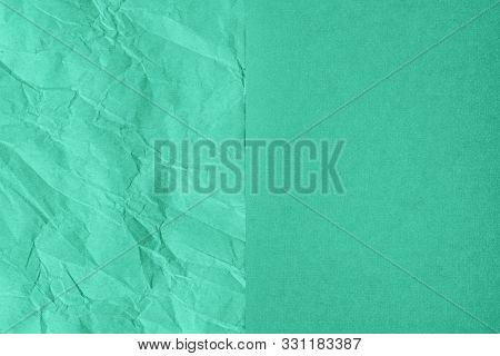 Crumpled And Plain Paper Sheets Divided In Center Creating Line Partition. Trendy Mint Colored Abstr