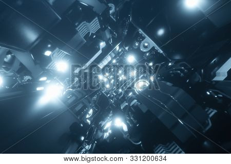 Flying Into Spaceship Tunnel, Sci-fi Spaceship Corridor. Futuristic Technology Abstract Seamless Vj 