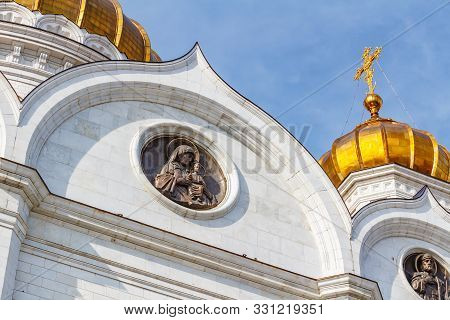 Moscow, Russia - October 03, 2019: High Reliefs Of Saints On The Facade Of Cathedral Of Christ The S