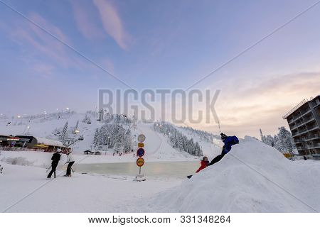 Editorial: Rukatunturi, Finland, 28th December 2018. Rukatunturi Ski Jumping Hill At Ruka Ski In Win