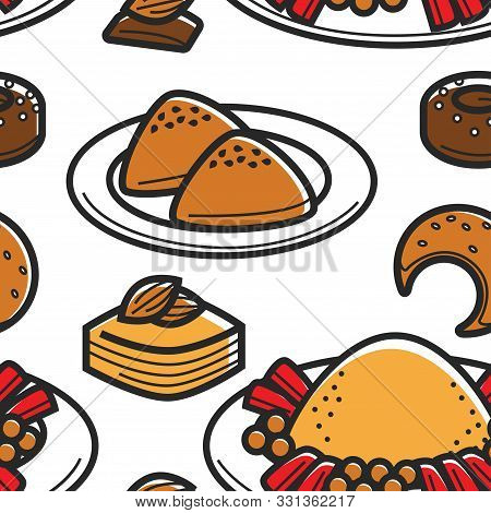 Tunisia Traditional Food Bakery Products And Couscous Seamless Pattern